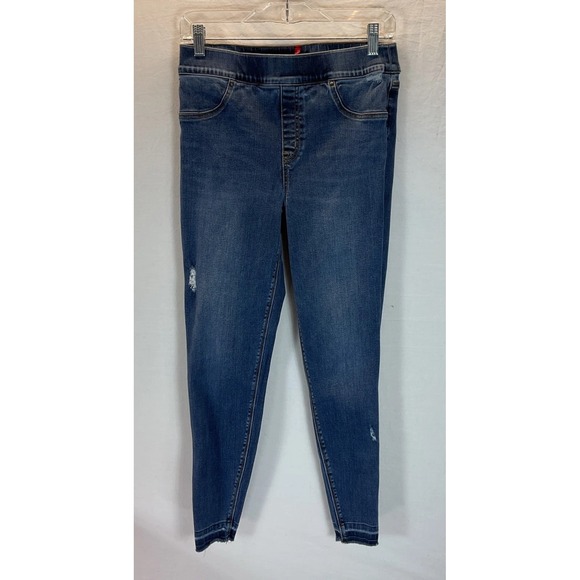 SPANX Denim Leggings Size LG Blue Distressed Hem Ankle Stretch Jeggings pull on - Picture 1 of 10